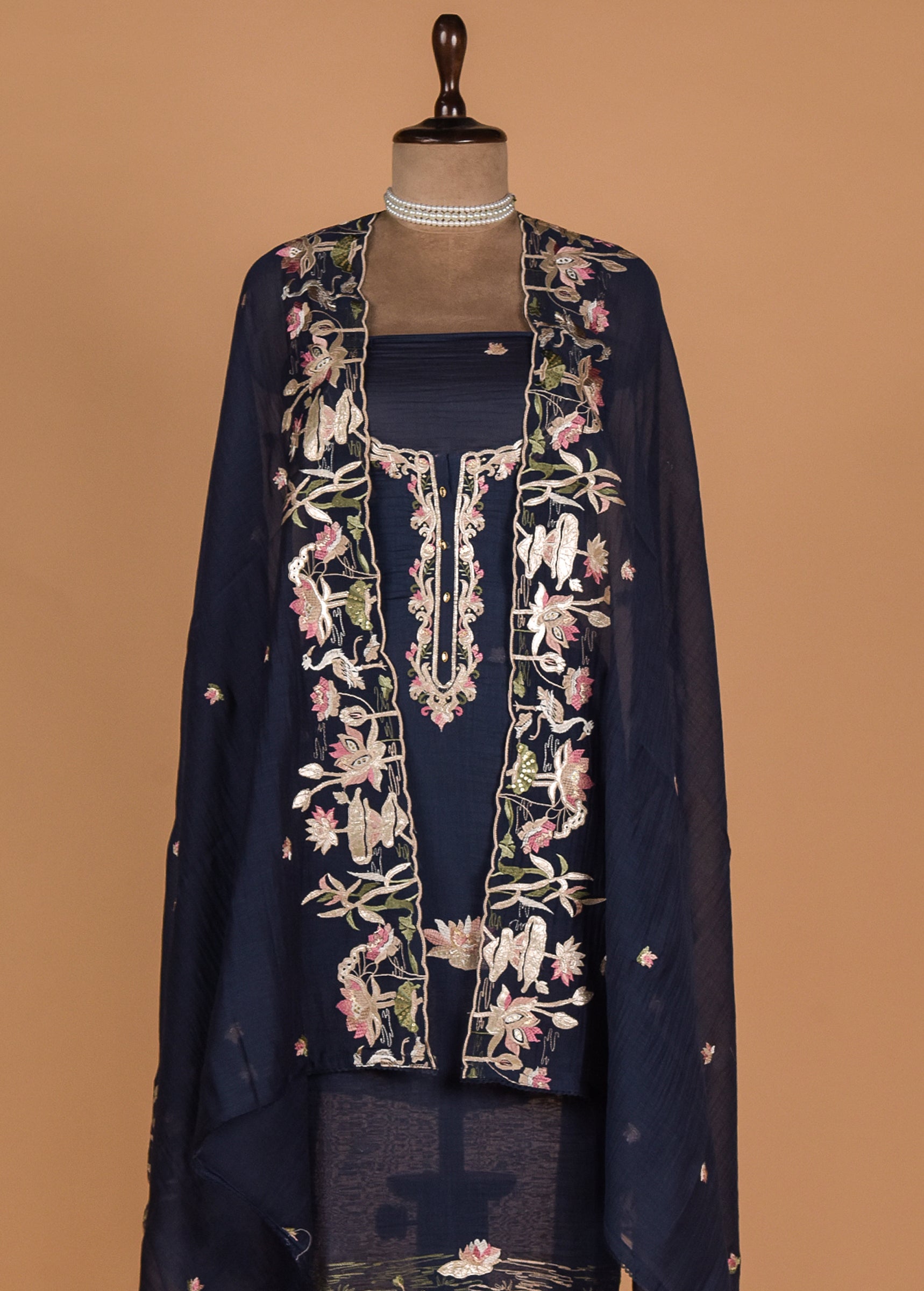 Blue Mul Chanderi Dress Material