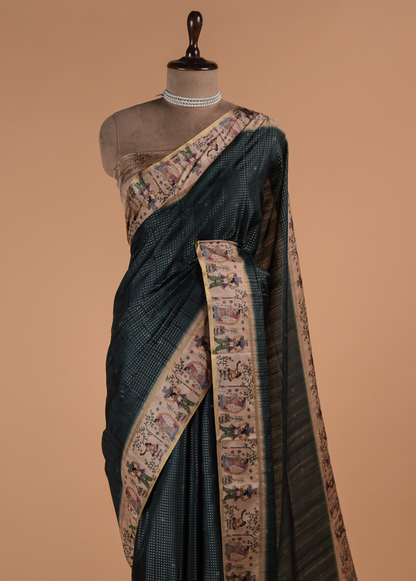 Green Cotton Tussar Printed Saree