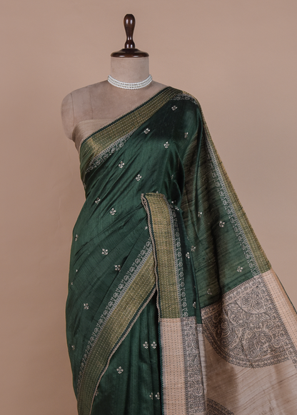 Green Handloom Tussar Embroidered Saree