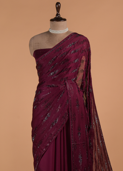 Pink Chinon Crepe Embroidered Saree