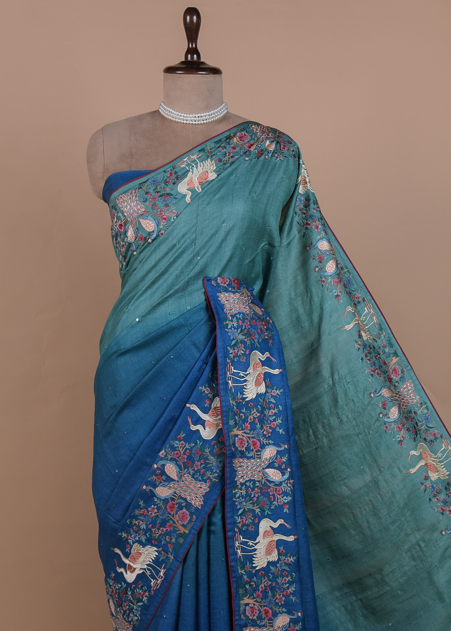 Blue Tussar Embroidered Saree