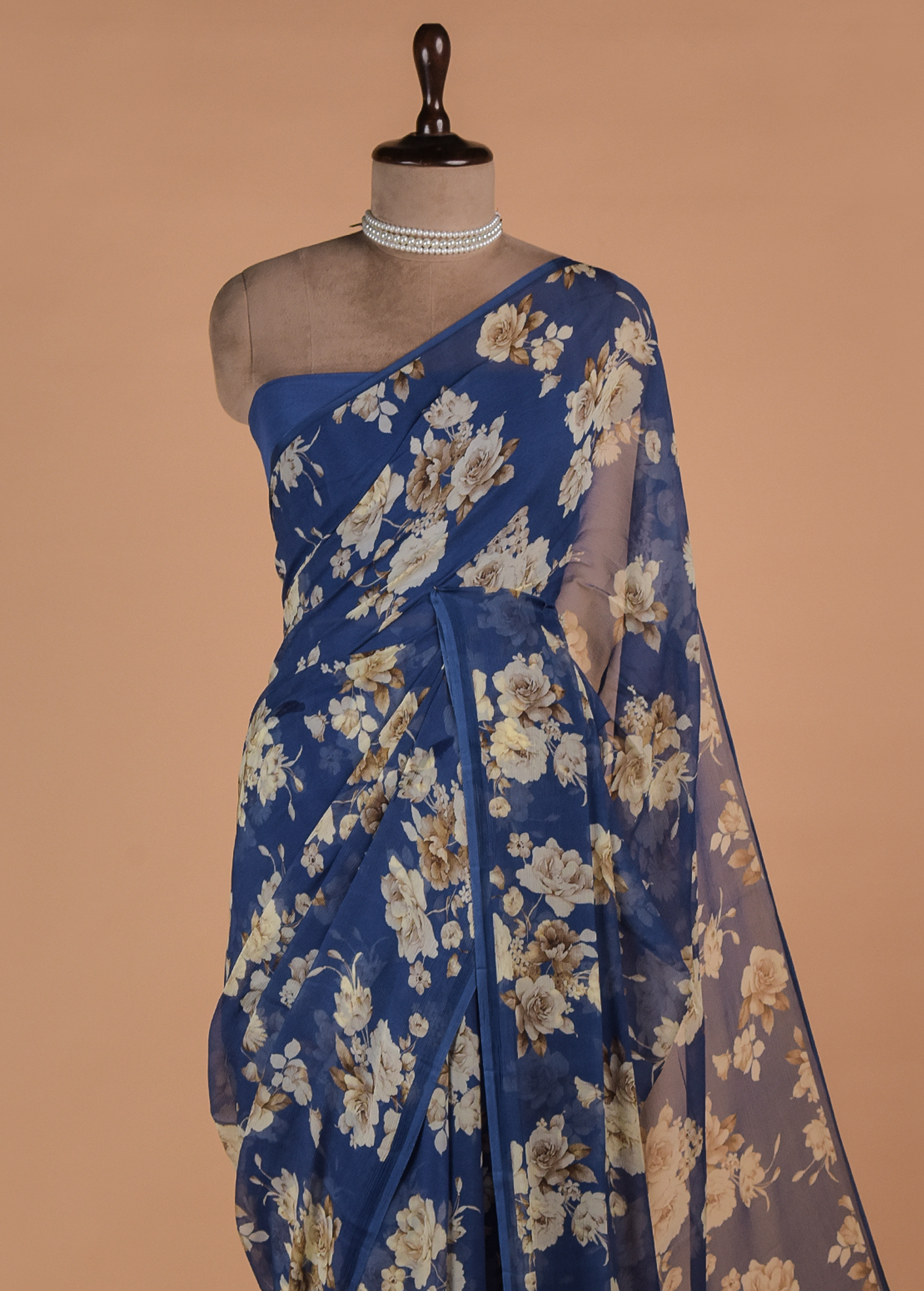 Blue Printed Chiffon Saree - Image 2 | Greenways Delhi