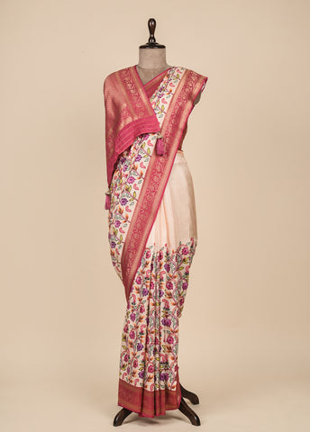 Cream Crepe Silk Embroidered Saree