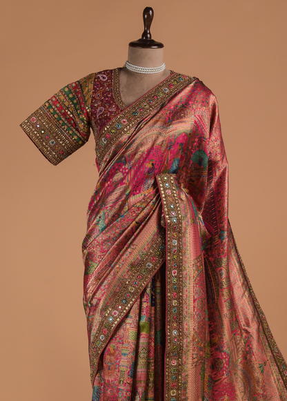 Pink Hand Embroidered Silk Saree