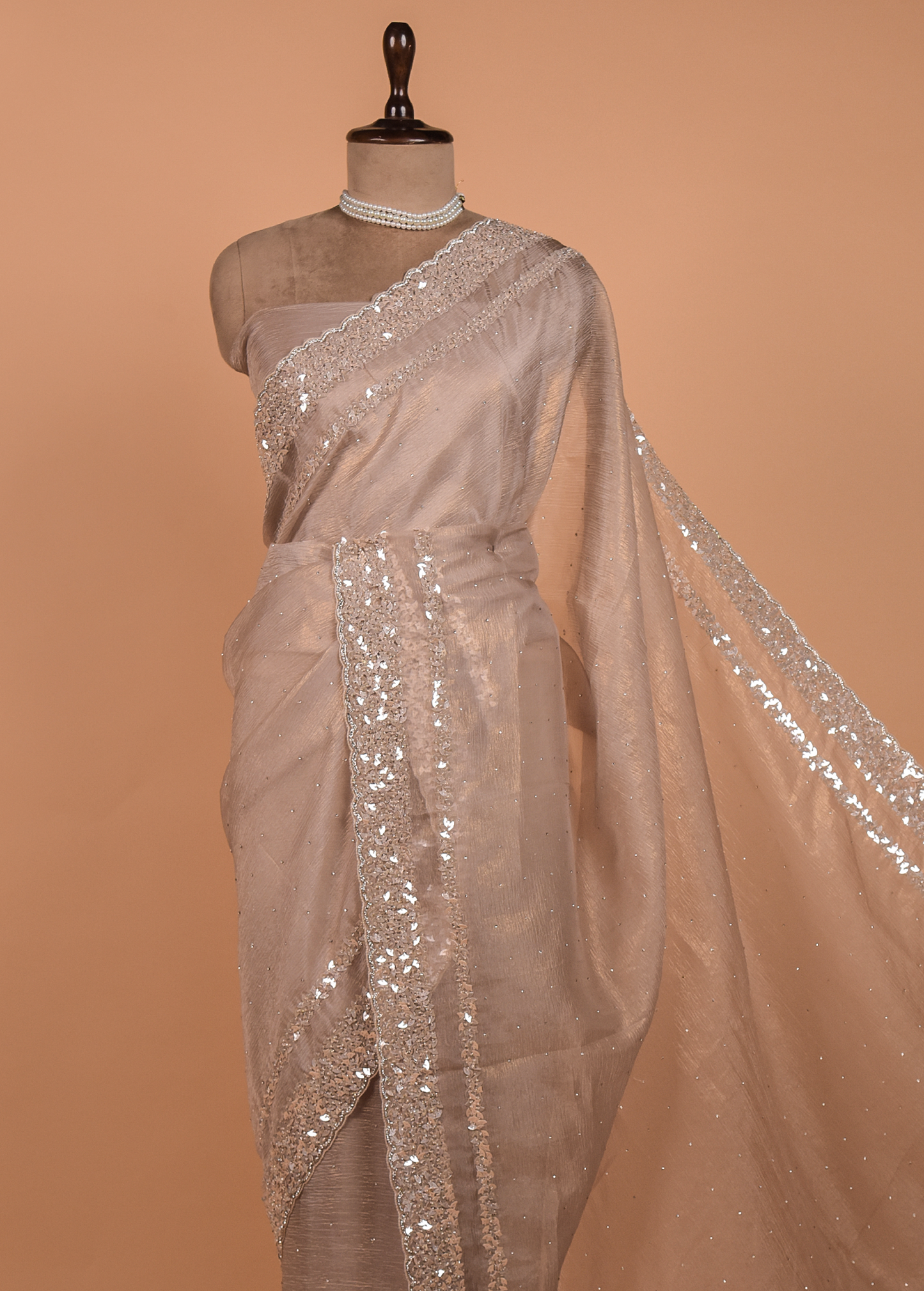 Beige Tissue Georgette Embroidered Saree
