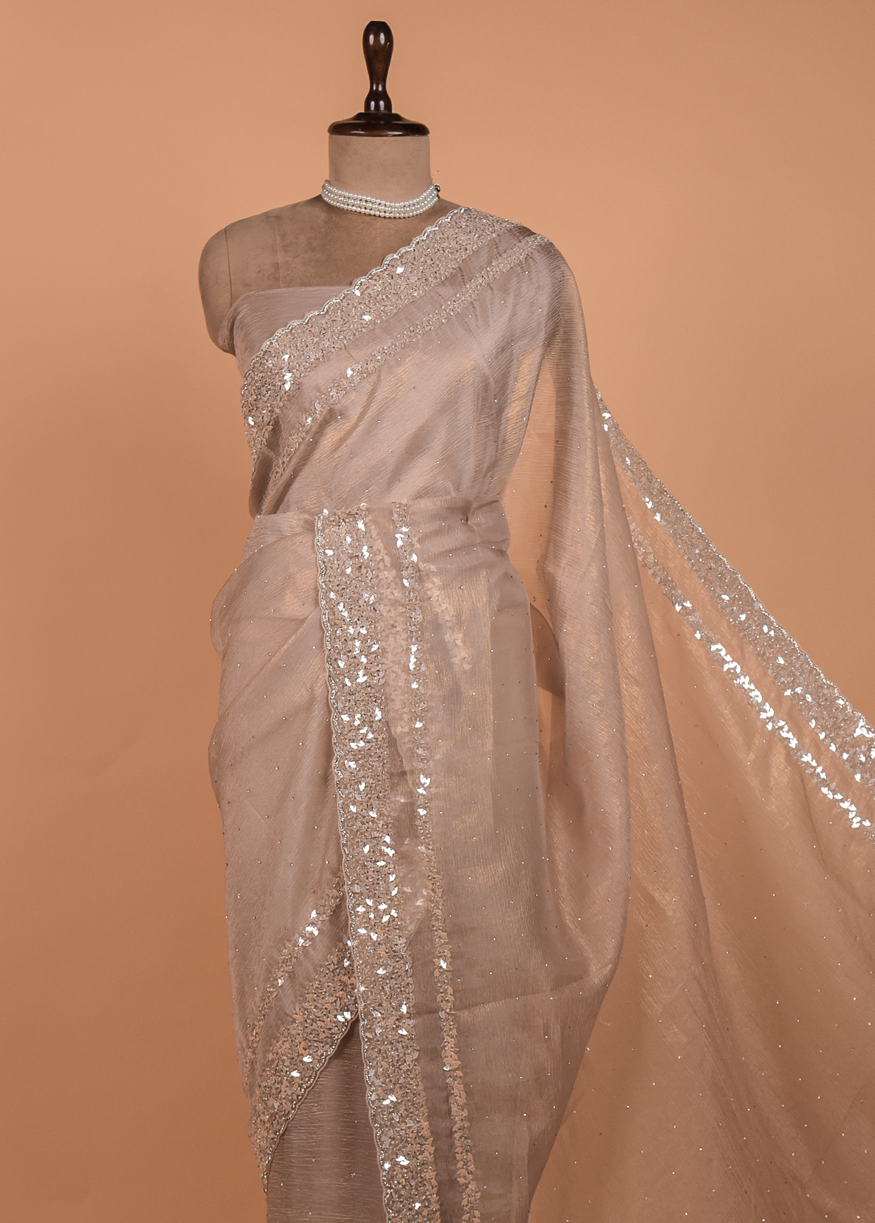 Beige Tissue Georgette Embroidered Saree