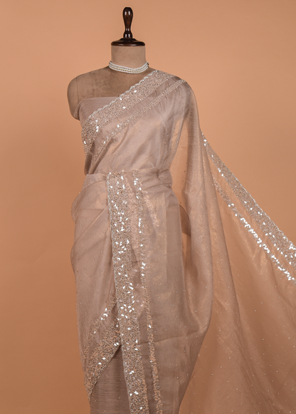 Beige Tissue Georgette Embroidered Saree
