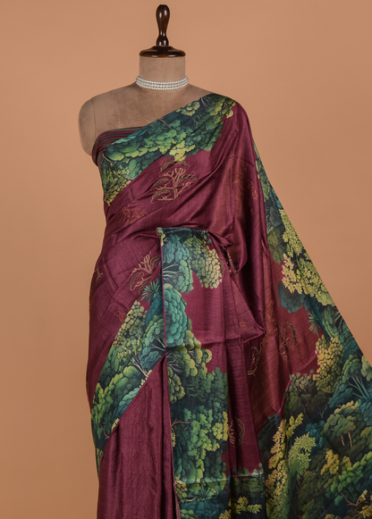 Wine Satin Printed Saree