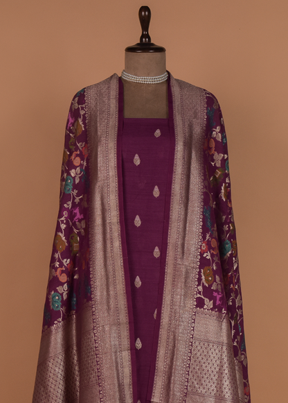 Wine Munga Tussar Silk Dress Material