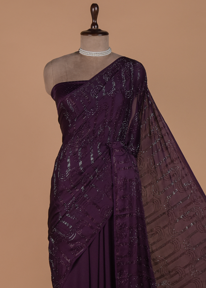Purple Satin Embroidered Saree