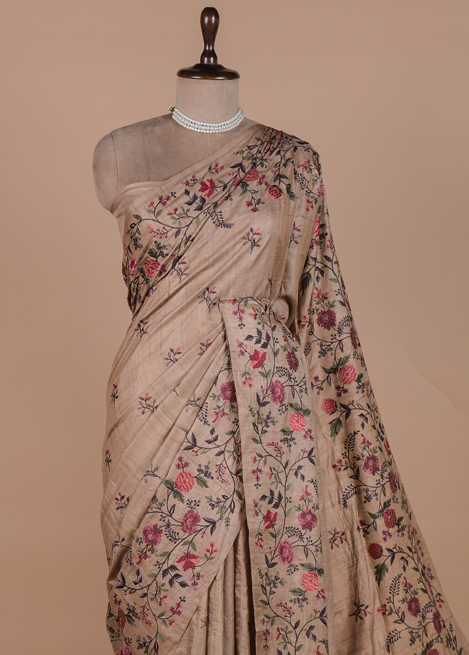 Beige Hand Embroidered Tussar Silk Saree | Greenways Delhi
