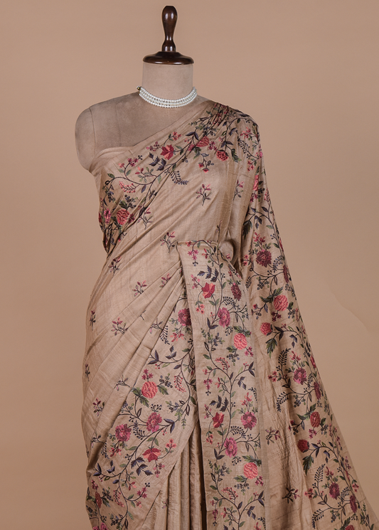 Beige Tussar Embroidered Saree