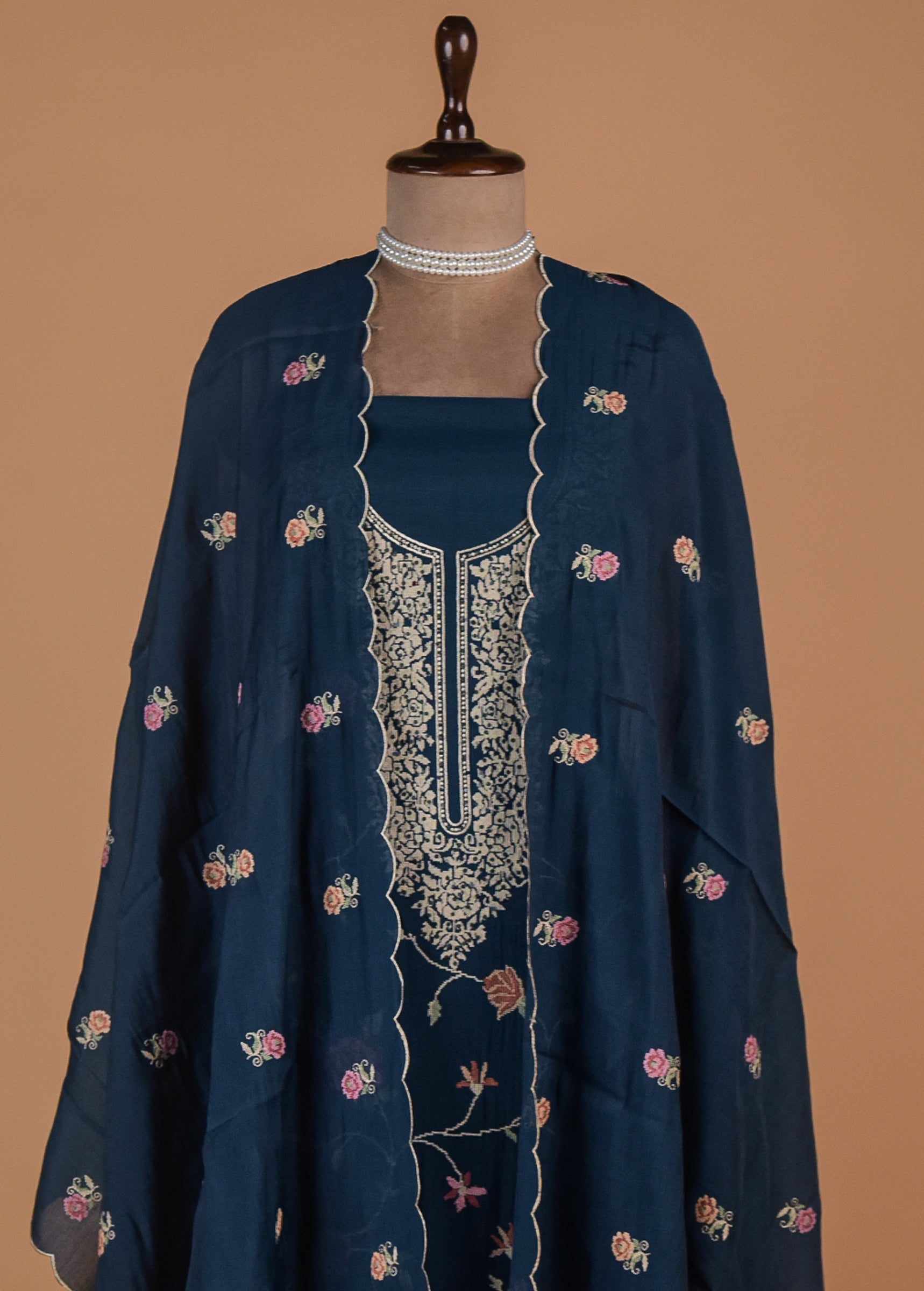 Blue Muslin Crepe Dress Material