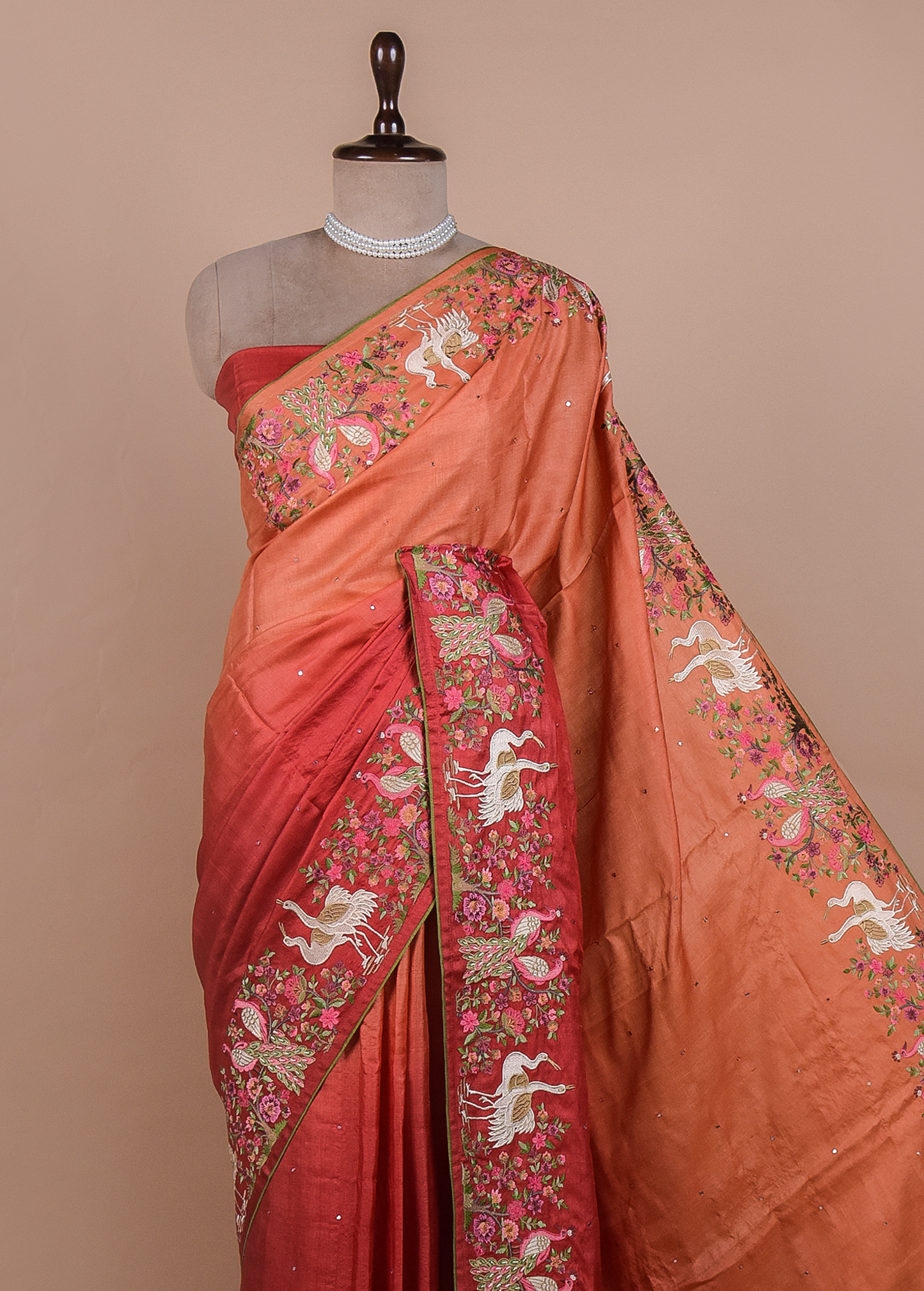 Orange Tussar Embroidered Saree