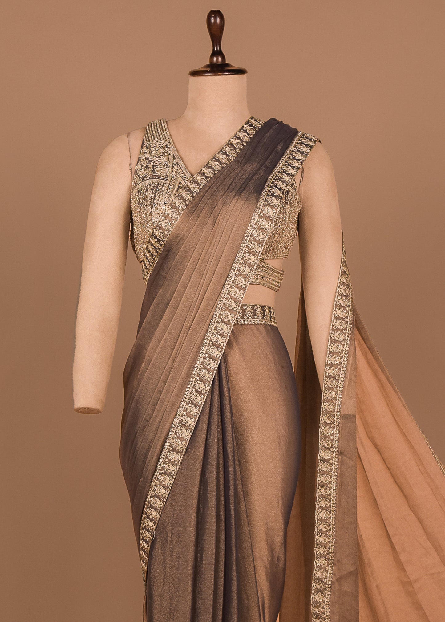 Brown Shamo Satin Readymade Saree