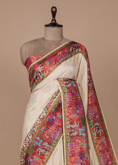 Cream Crepe Silk Embroidered Saree