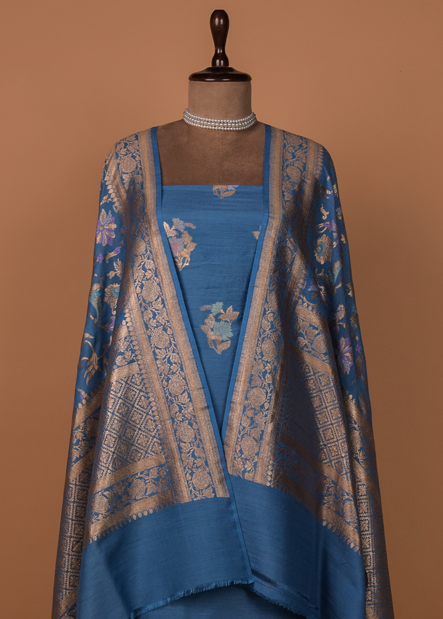Blue Munga Tussar Silk Dress Material