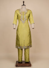 Green Cotton Silk Straight Set