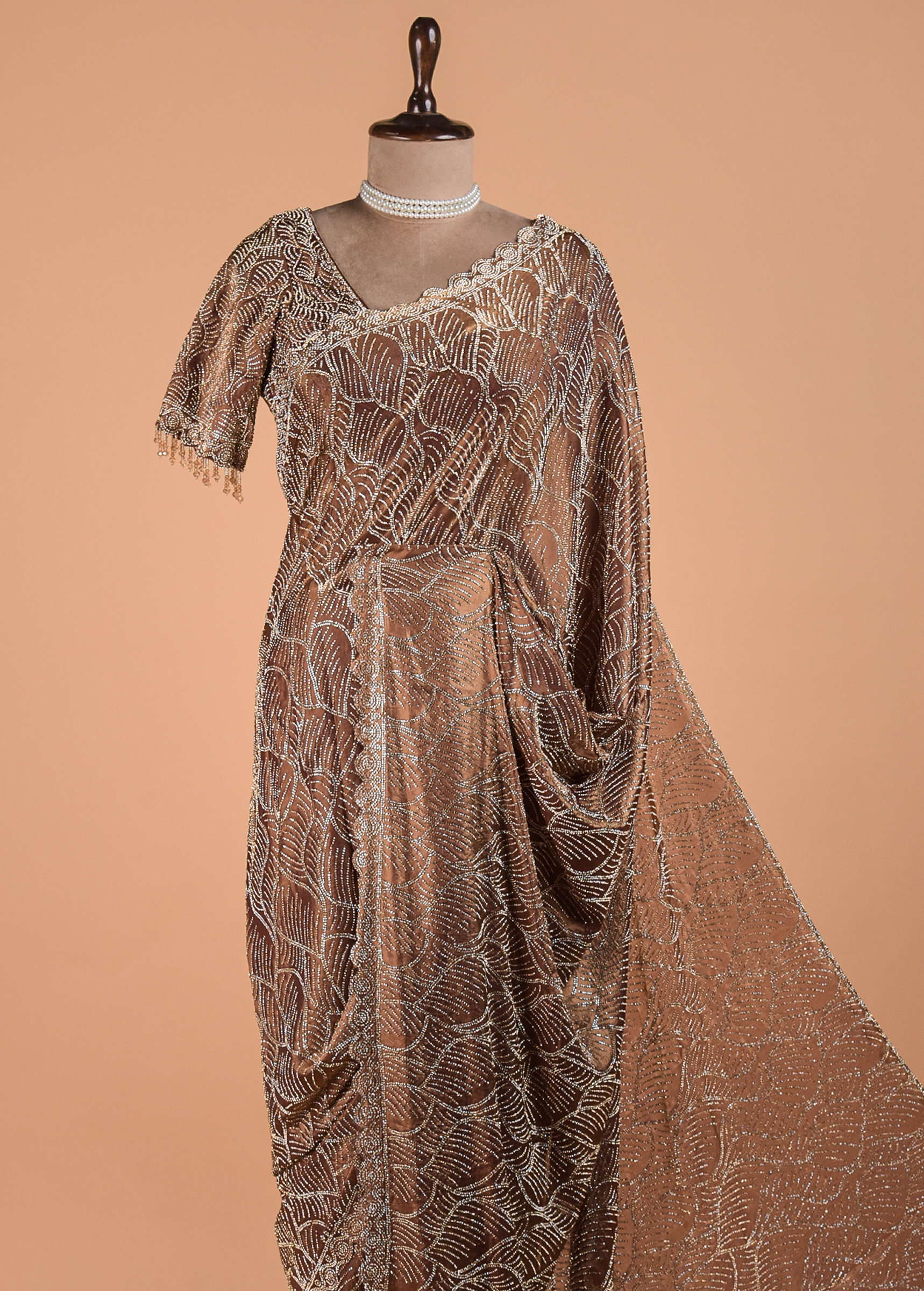 Metallic Bronze Shimmer Georgette Embroidered Saree