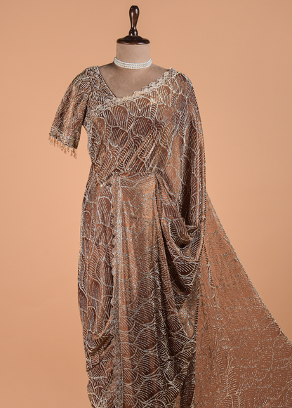 Metallic Bronze Shimmer Georgette Embroidered Saree