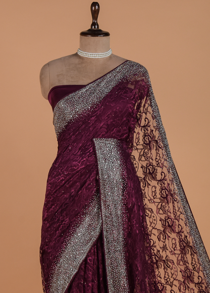 Wine Chantily Lace Embroidered Saree