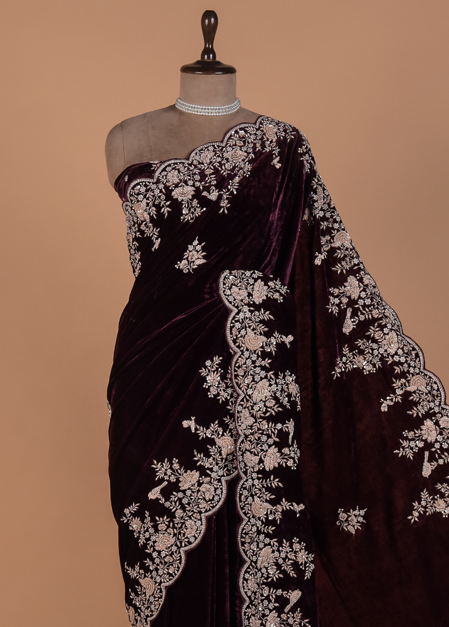 Red Velvet Embroidered Saree