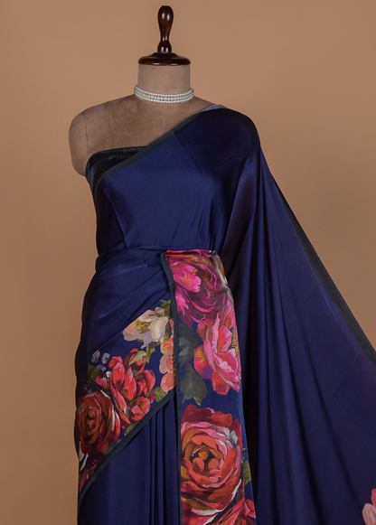Blue Satin Printed Saree