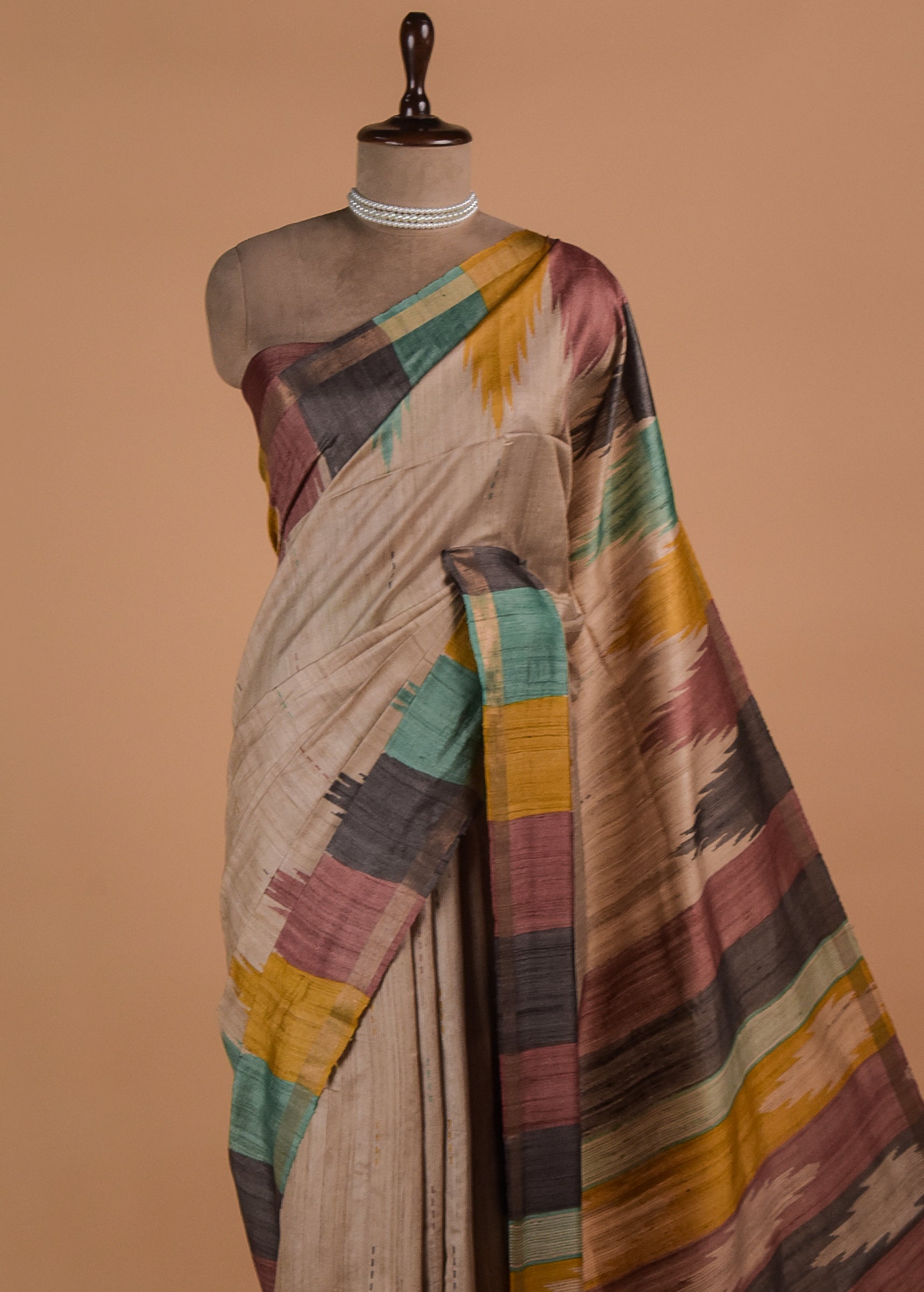 Cream Tussar Printed Saree