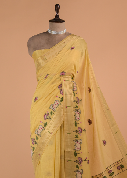 Yellow Cotton Banarasi Saree
