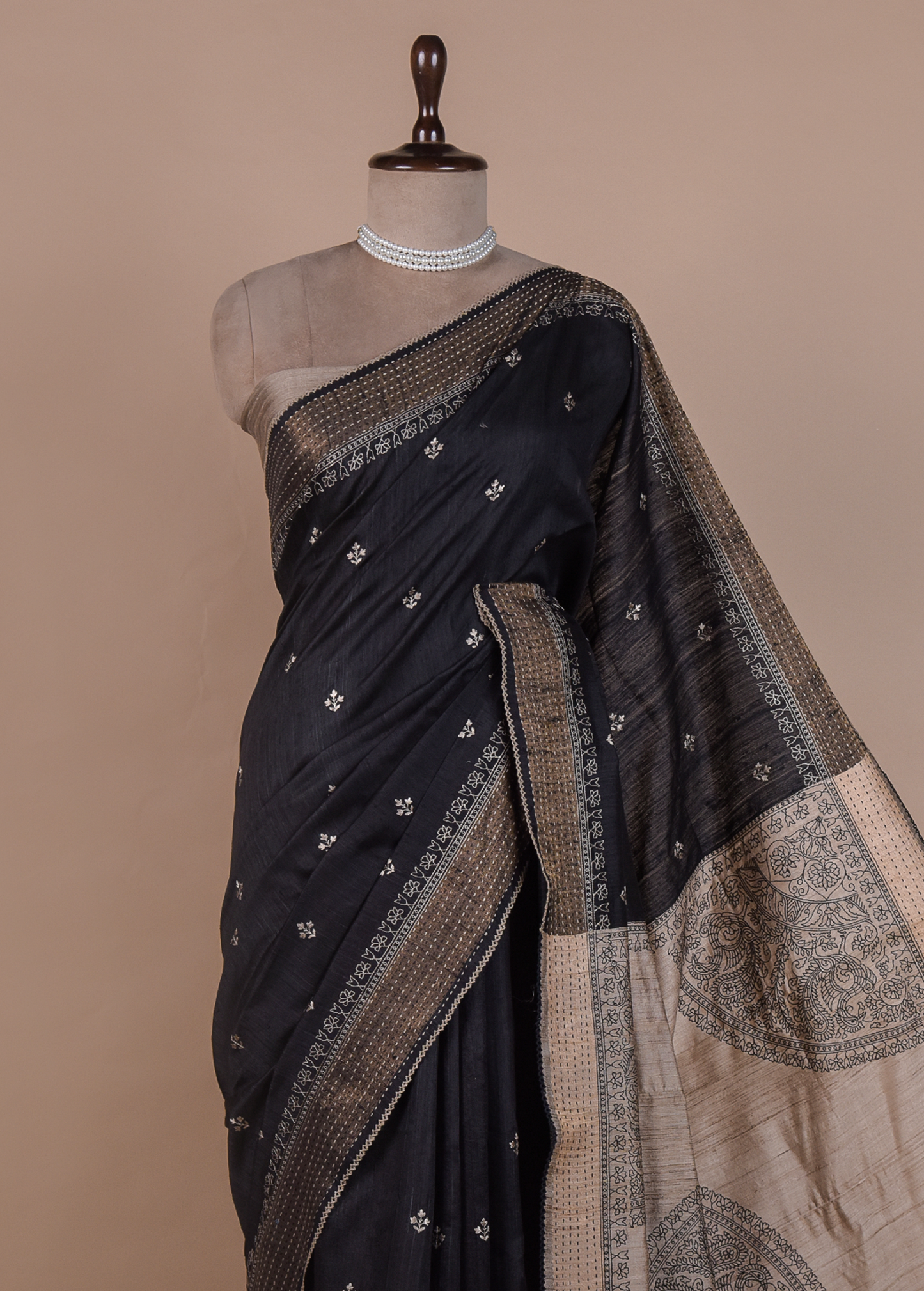 Black Handloom Tussar Embroidered Saree