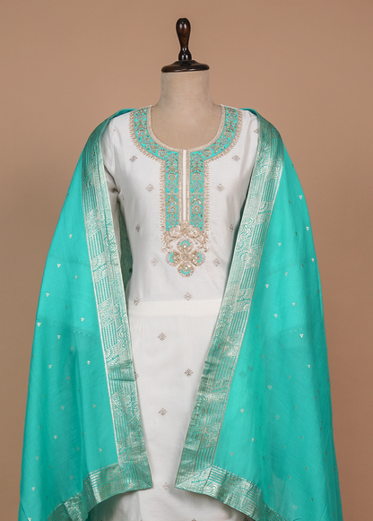 White Cotton Silk Straight Set