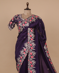 Purple Georgette Crepe Embroidered Saree