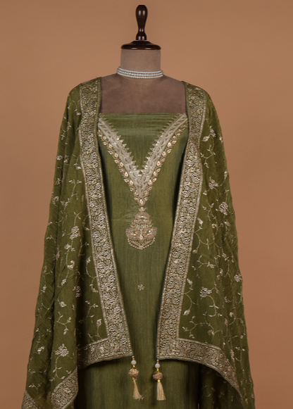 Green Mushroo Silk Dress Material