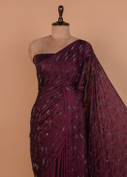 Wine Satin Embroidered Saree