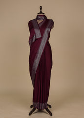 Wine Satin Crepe Embroidered Saree