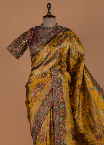 Yellow Moroccan Silk Embroidered Saree
