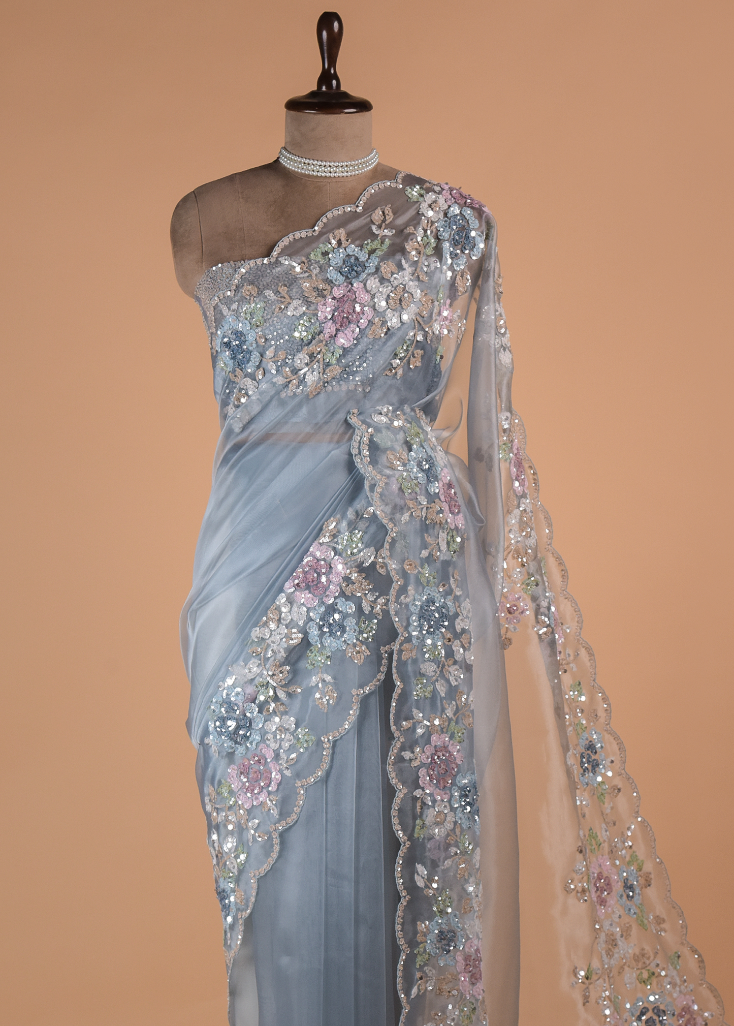 Blue Glass Tissue Embroidered Saree