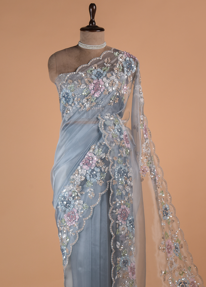 Blue Glass Tissue Embroidered Saree