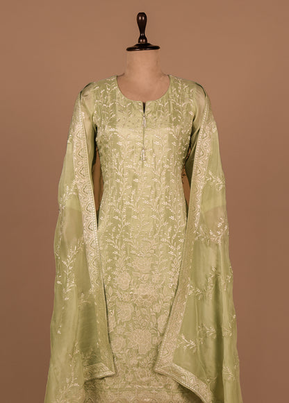 Green Cotton Silk Straight Set