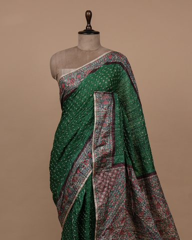 Green Tussar Bandhani Saree