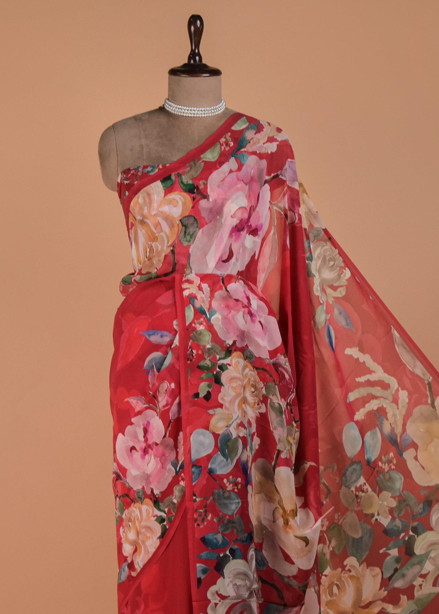 Red Crepe Printed Saree