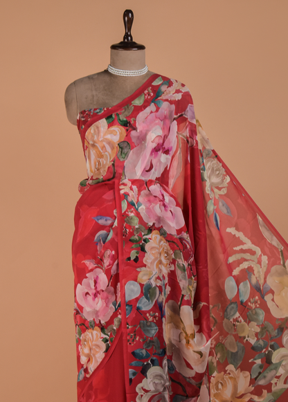 Red Crepe Printed Saree