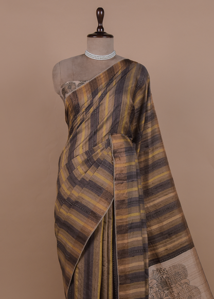 Multicoloured Tussar Printed Saree