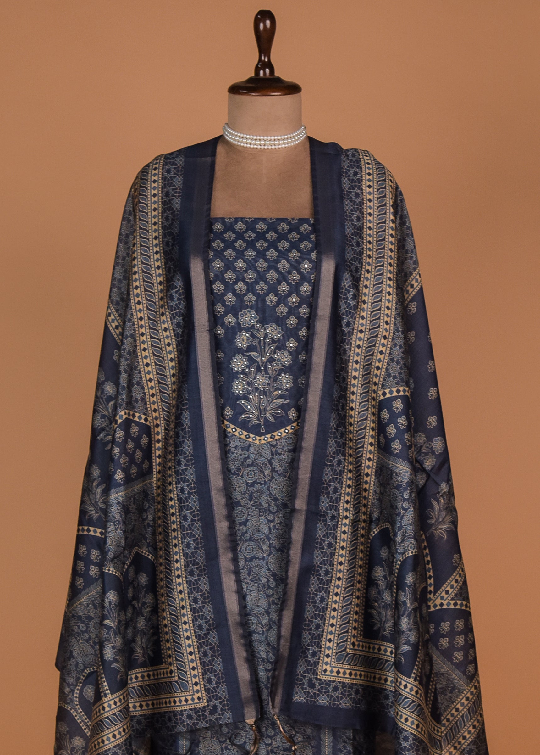 Blue Tussar Cotton Dress Material