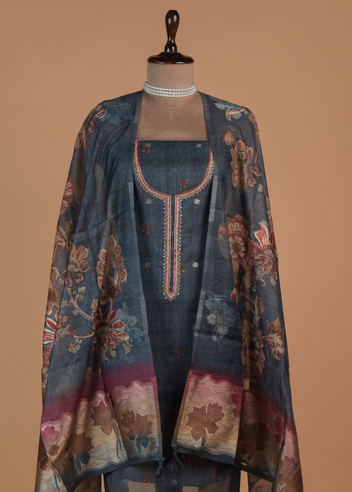 Blue Chanderi Cotton Dress Material