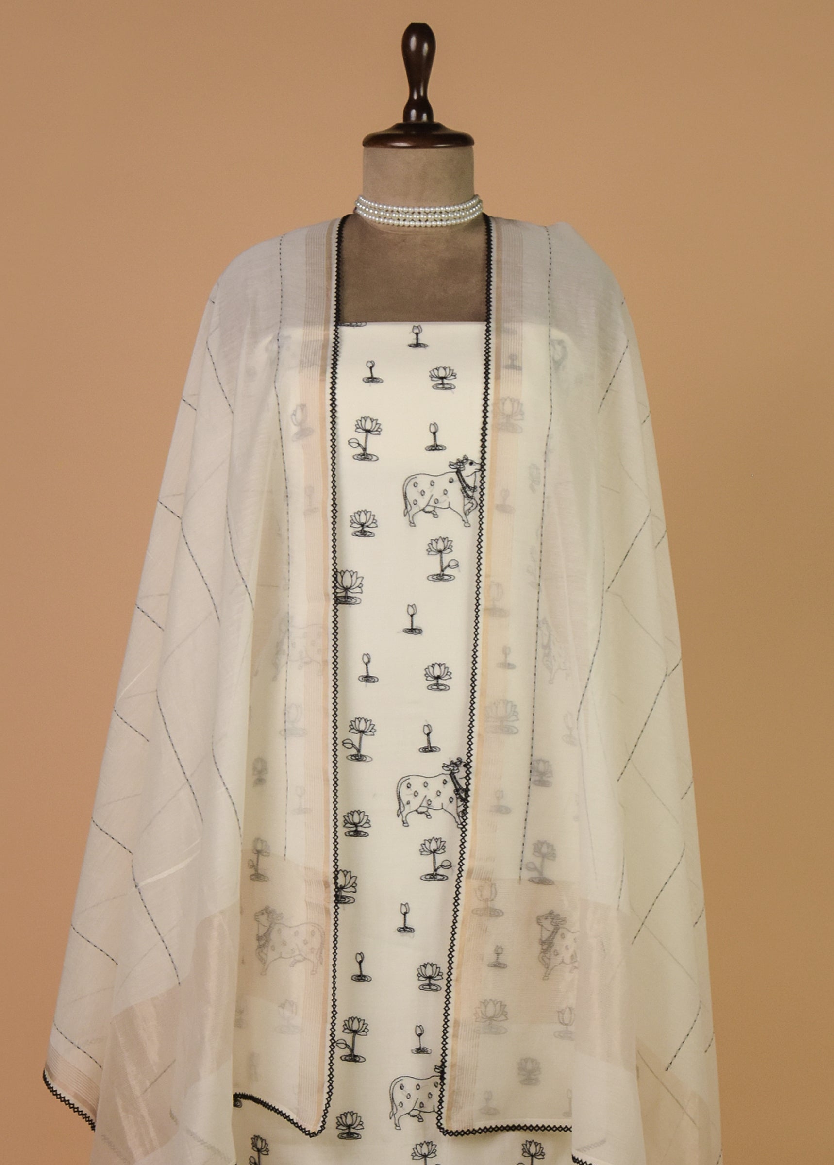 White Mul Chanderi Dress Material