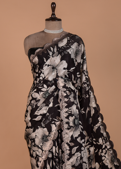 Black Satin Banarasi Saree