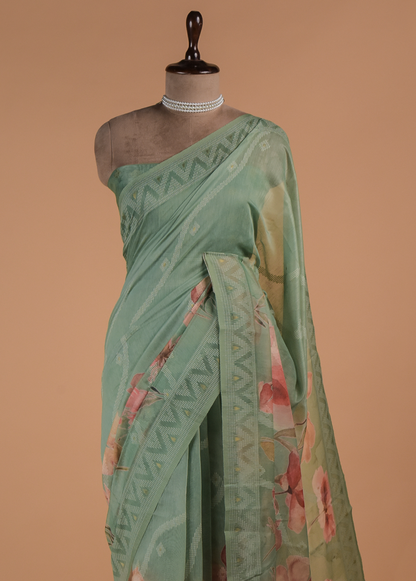 Green Cotton Printed Saree
