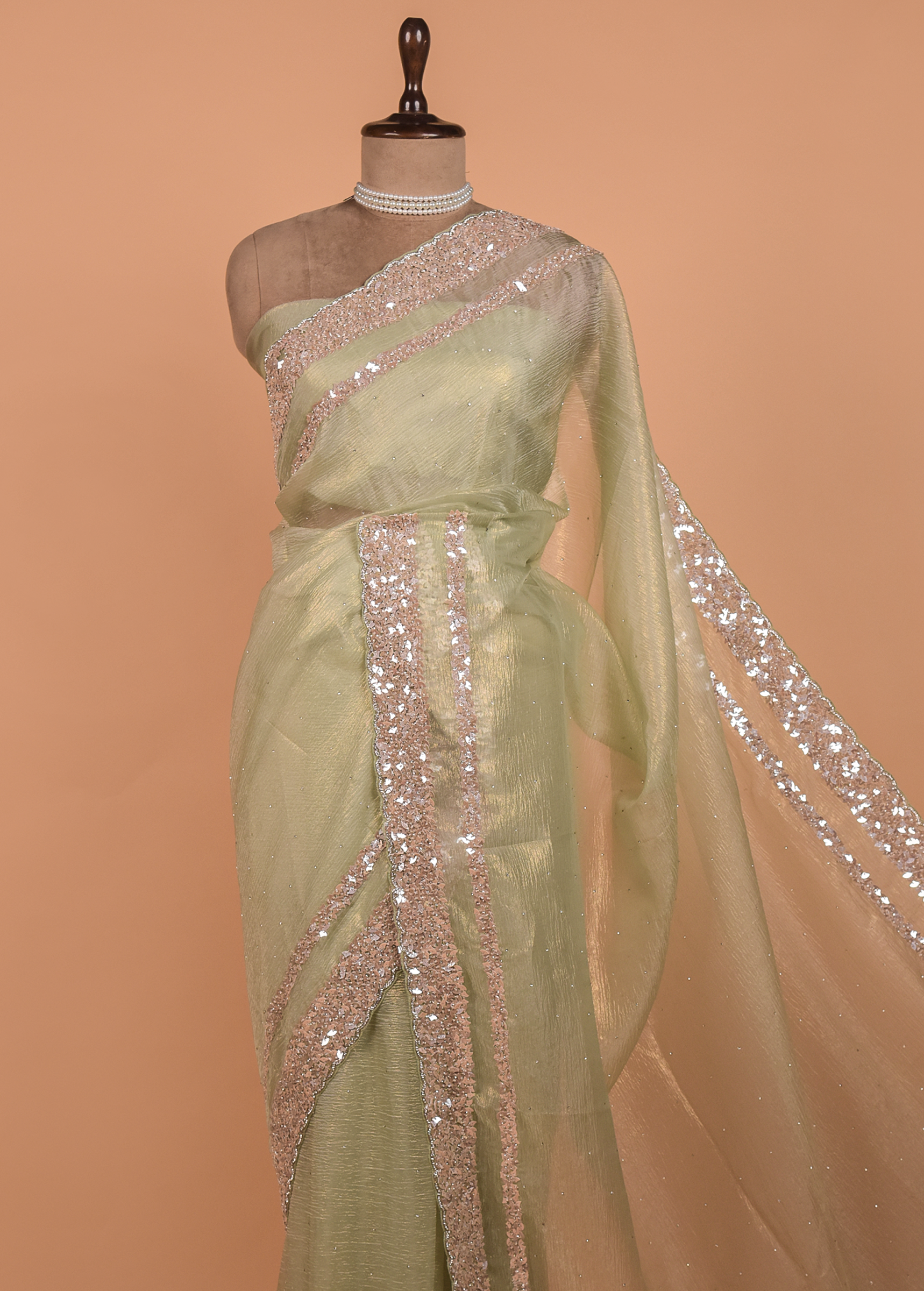 Green Tissue Georgette Embroidered Saree