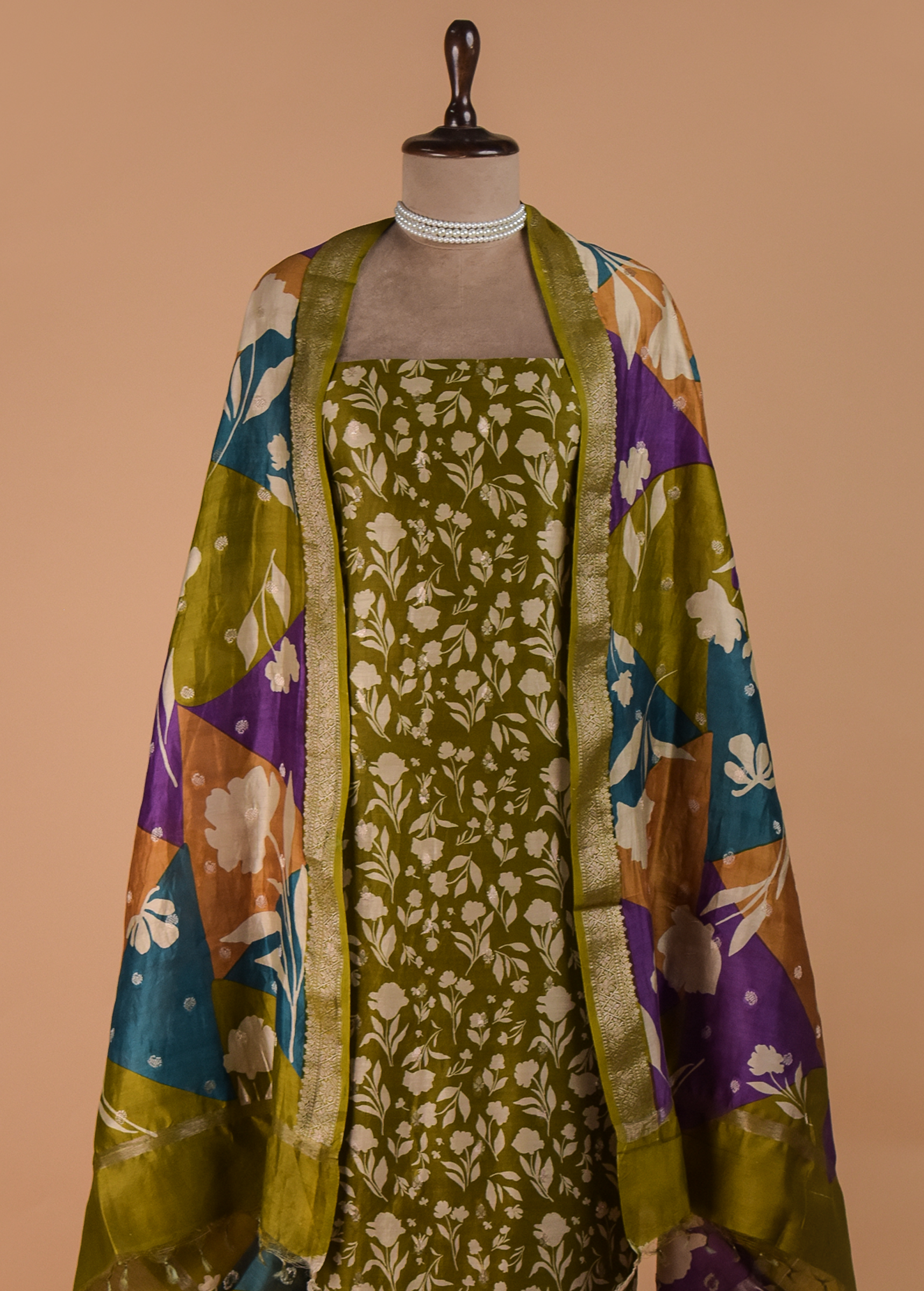 Green Chanderi Dress Material